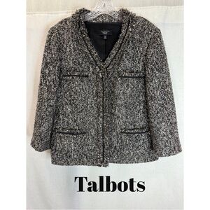 Talbots Tweed Blazer Jacket Black White Fringe Trim Classic Bouclé Style 16P